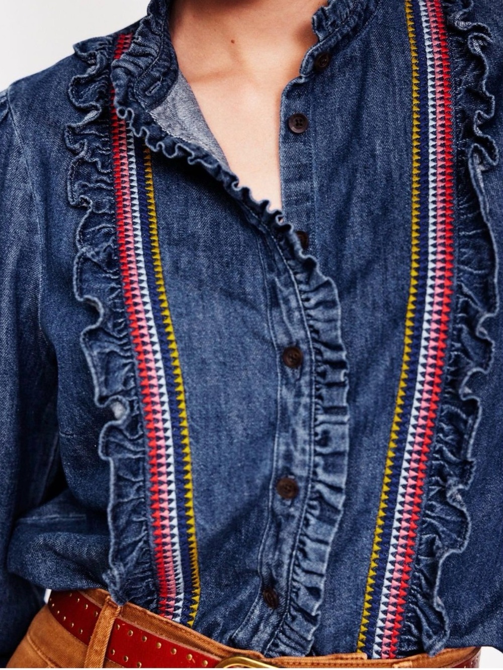 Boden Isla Denim FrillRuffle Button Up Shirt Multicolor Trim Boho Western Rodeo